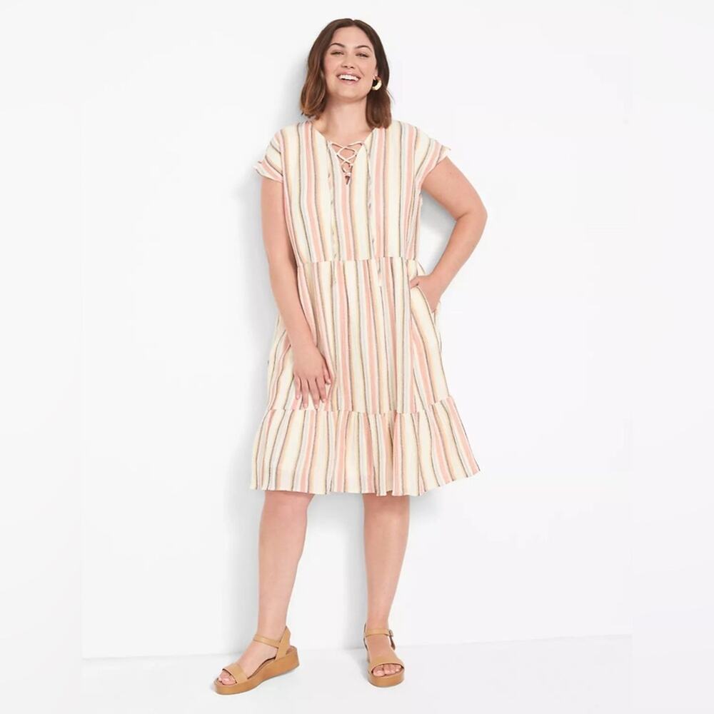 Lane Bryant Dolman-Sleeve Midi‎ Swing Dress Striped With Lace-Up Detail Size 20 - Picture 3 of 15